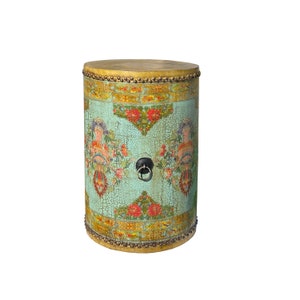 Distressed Chinese Tibetan Drum Shape Turquoise Crackle Floral Side Table cs7518E image 2