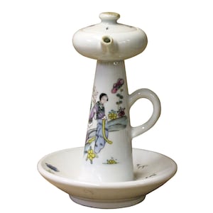 Chinese Ancient Style Porcelain Lady Side Scene Garden Play Drawing Oil Lamp n362E