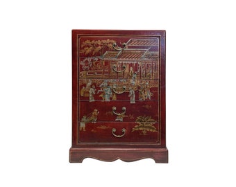 Oriental Brick Red Veneer House People Graphic 5 Drawers Dresser Cabinet ws3727E