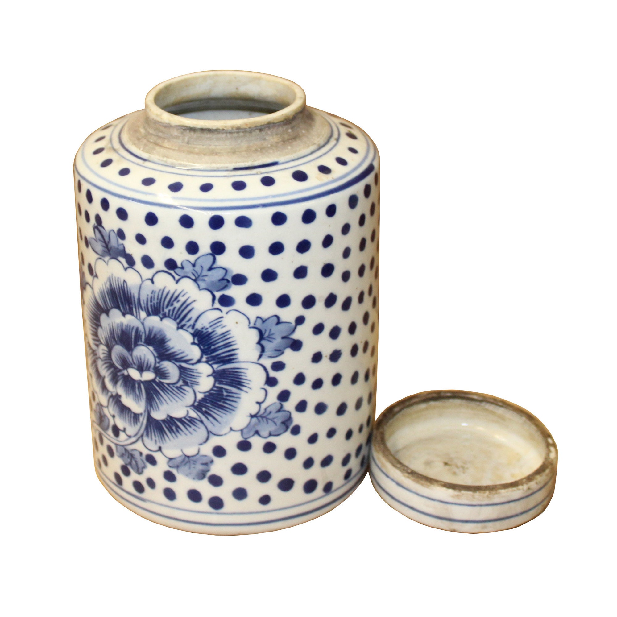 Chinese Blue White Ceramic Dots Flower Graphic Container Urn Chinese Blue White Ceramic Dots Flower Graphic Container Urn