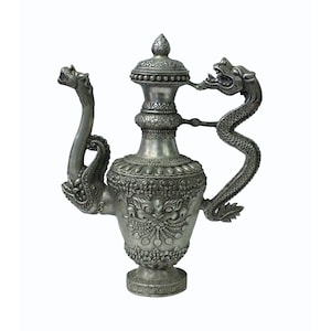 Silverware 3D Dragon and Foo Dog Object Ancient Ceremony Teapot Wine Pot n393E