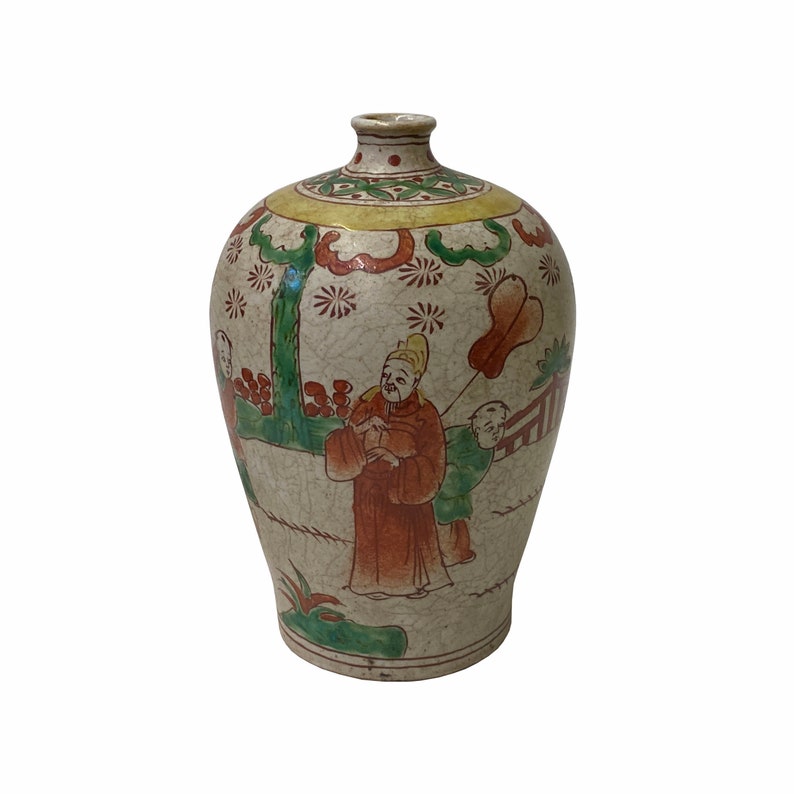 Chinese Oriental People Scenery Gray Tan Color Ceramic Vase ws1781E image 1