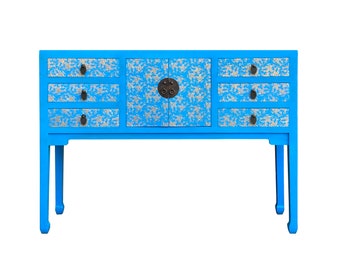 Bright Blue Lacquer Golden Flower Graphic Drawers Slim Foyer Side Table cs7153E