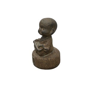 Oriental Gray Stone Little Lohon Monk Playing Zither Statue ws3628E image 4