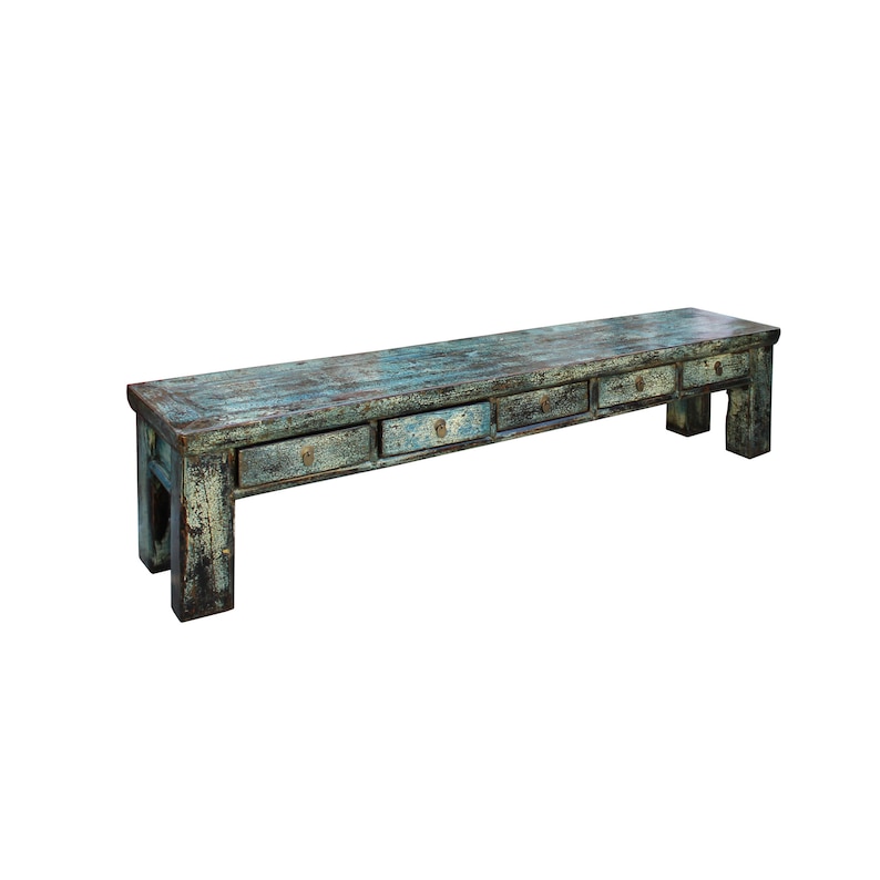 Chinese Distressed Teal Blue Green 4 Drawers Low Bench Cabinet Table cs4551E