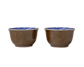 2 x Chinese Porcelain Brown Blue White Scenery Cup Display Art ws2785S 2 x Chinese Porcelain Brown Blue White Scenery Cup Display Art ws2785S