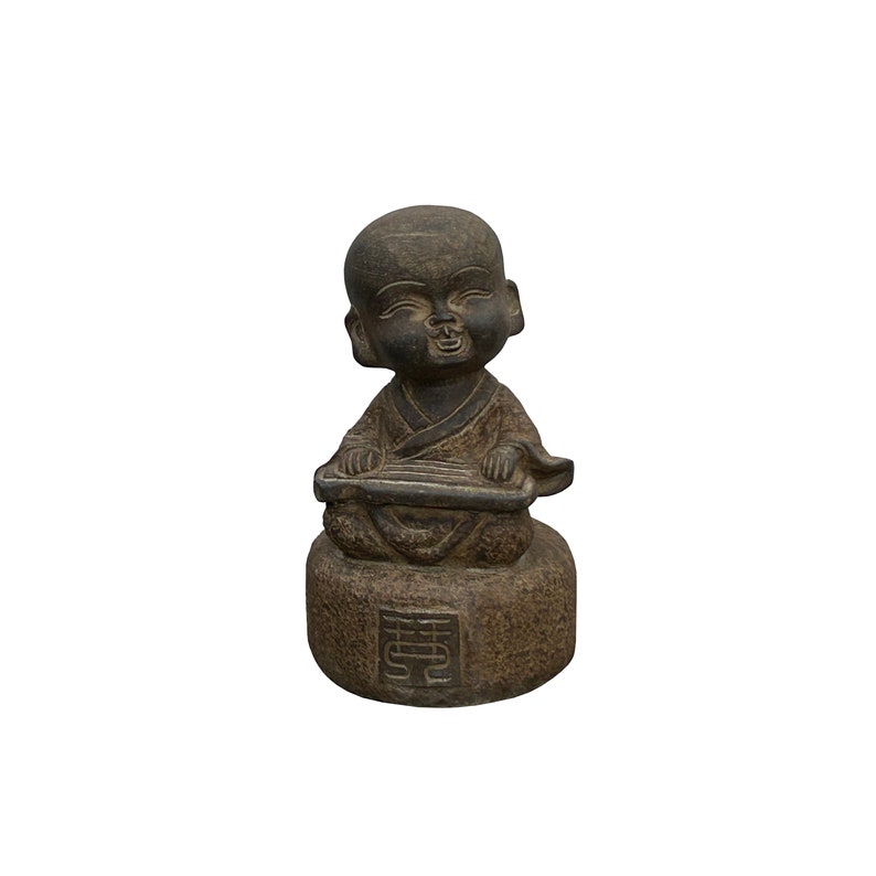 Oriental Gray Stone Little Lohon Monk Playing Zither Statue ws3628E image 1