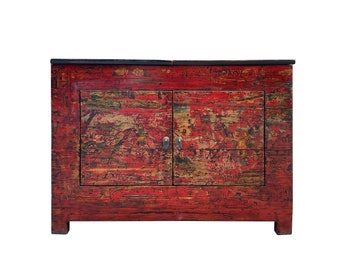 Chinese Vintage Brick Red Distressed Flower Graphic Side Table Cabinet cs7473E