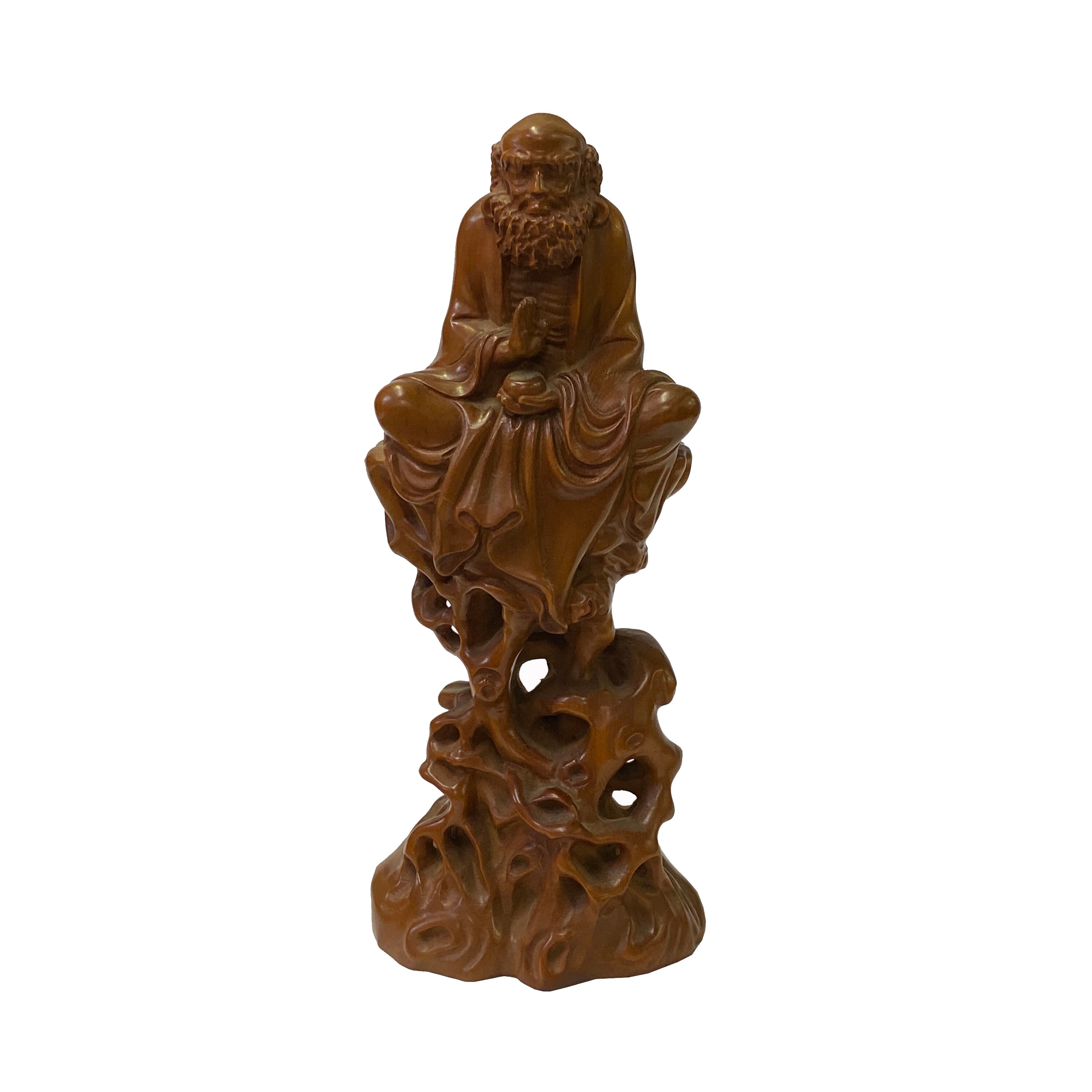 Chinese Brown Zen Master Damo Deity Meditation Wood Statue ws2160E