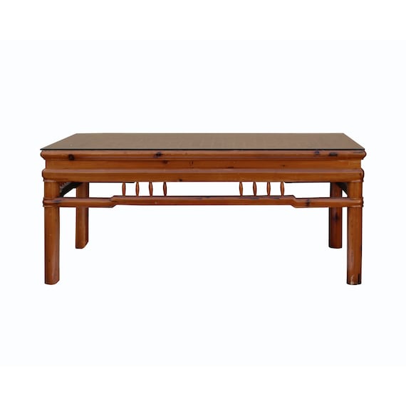 Rectangular Glass Top Coffee Table With Chinese Old Windows Panel