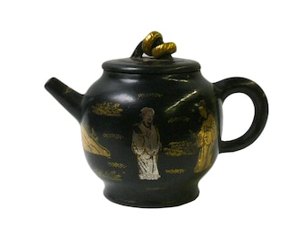 Handmade Elegant Black & Gold Asian-Inspired Zisha Ceramic Teapot with Pastoral Scene cs997-5S Handmade Elegant Black & Gold Asian-Inspired Zisha Ceramic Teapot with Pastoral Scene cs997-5S