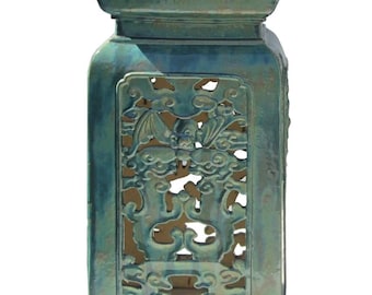 Chinese Ceramic Clay Turquoise Green Square Tall Pedestal Stand vs659E