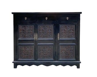 Asian Black Flower Motif Carving Side Table Credenza Storage Cabinet cs7503E