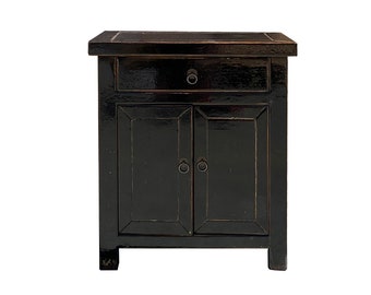 Distressed Gloss Black Lacquer Drawer End Table Nightstand cs6100E
