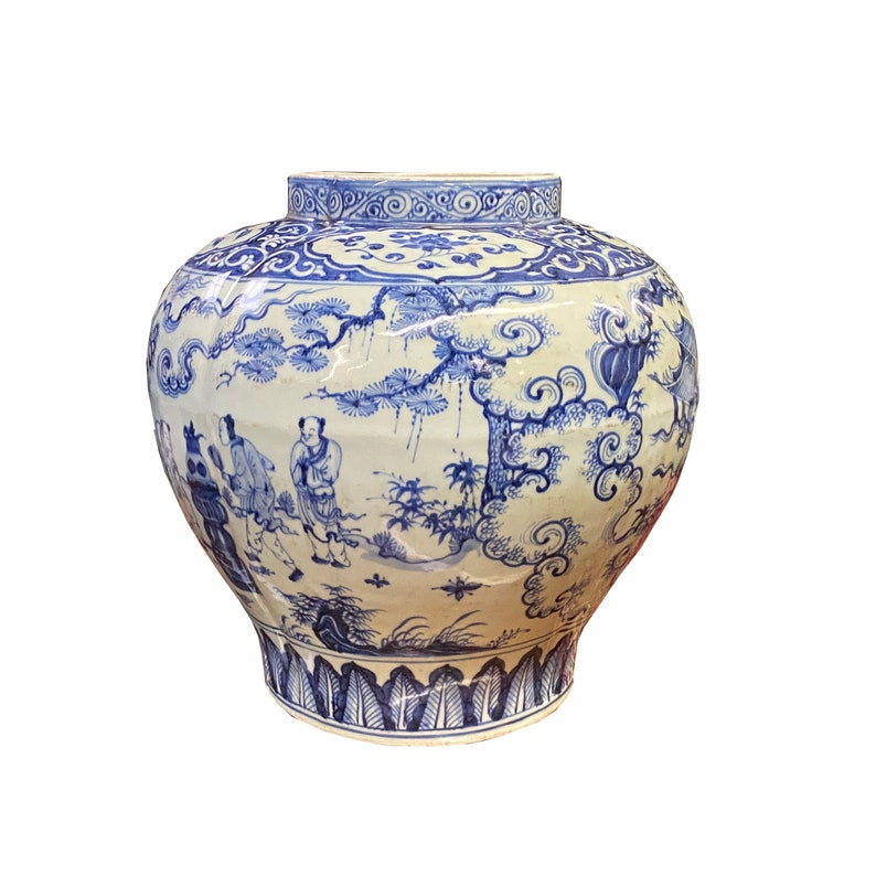 Vintage Chinese Blue White Porcelain Scenery Fat Body Vase Jar ws2718E image 4