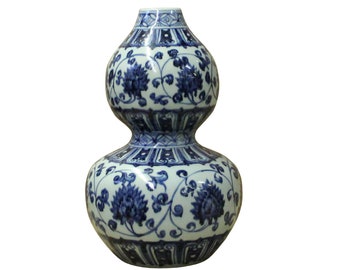 Chinese Blue White Porcelain Gourd Shape Flower Graphic Vase ws186E