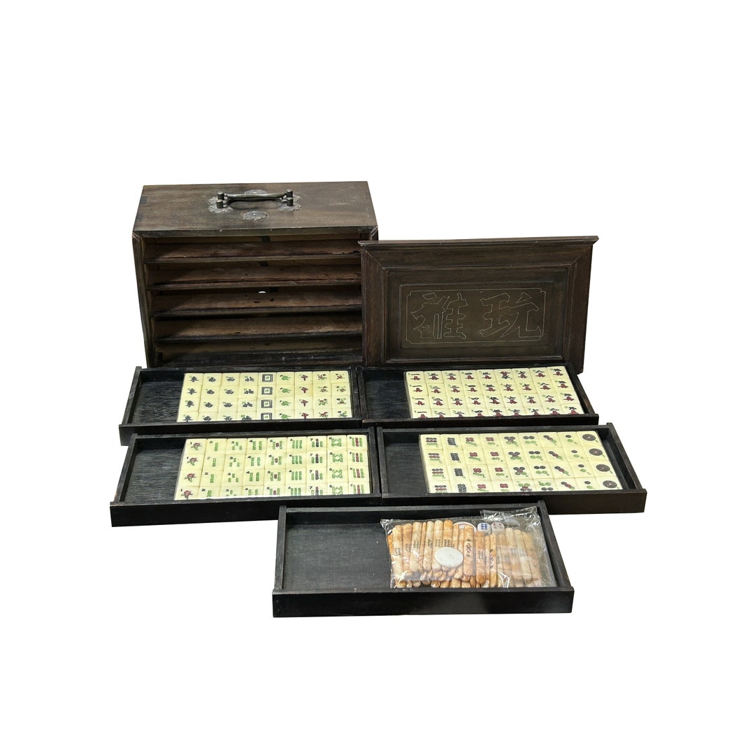 Chinese Mahjong Tiles Set W Characters Inlay Drawers Box Chest