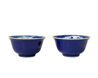 2 x Chinese Porcelain Blue White Fishes Scenery Cup Display Art ws2784S 2 x Chinese Porcelain Blue White Fishes Scenery Cup Display Art ws2784S