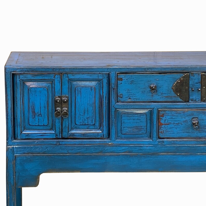 Vintage Chinese Distressed Bright Blue Drawers Foyer Narrow Side Table cs7743E image 2