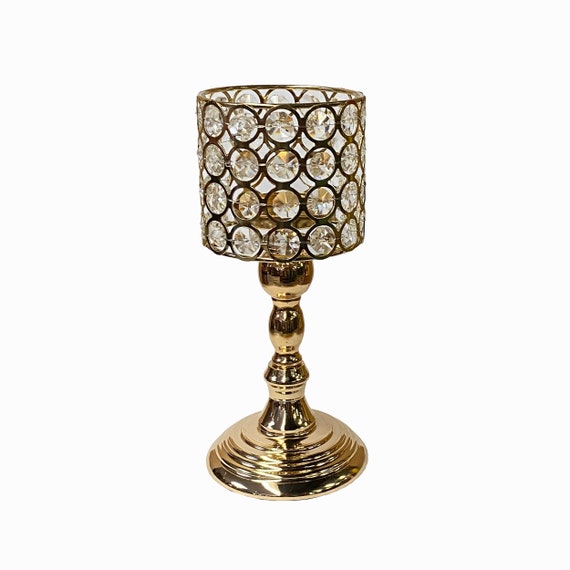 Round Clear Beads Chandelier Look Golden Metal Table Top Candle