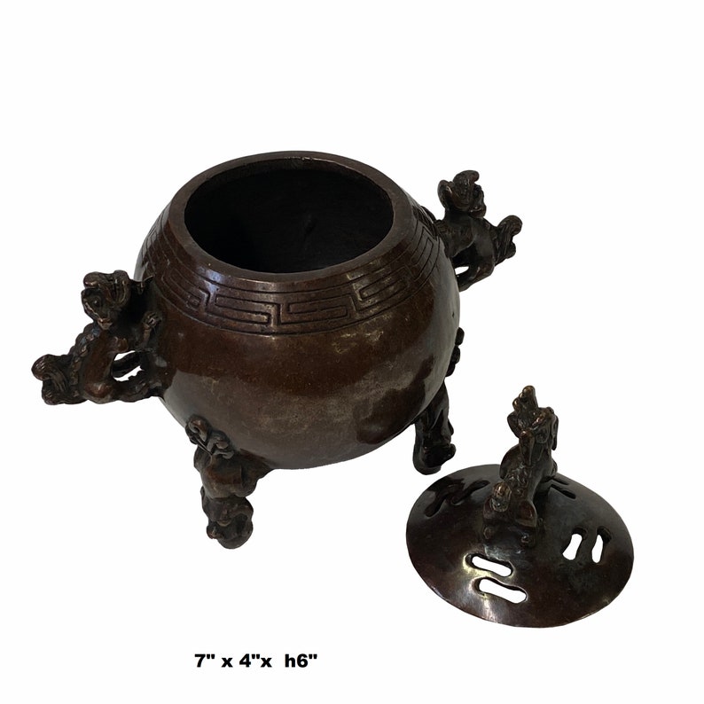 Oriental Brown Finish Metal Incense Burner with Foo Dogs Accent Lid ws1596E image 4