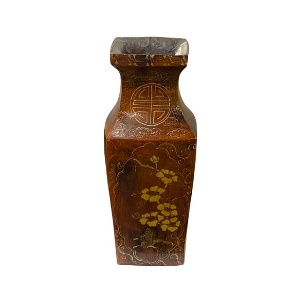 Chinoiseries Golden Graphic Brown Lacquer Square Vase Jar Shape Display ws3352S Chinoiseries Golden Graphic Brown Lacquer Square Vase Jar Shape Display ws3352S