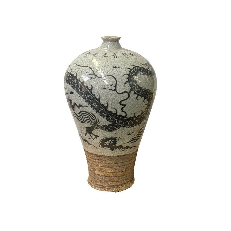 Chinese Crackle Gray Ceramic Hand-painted Dragon Vase ws1404E image 2