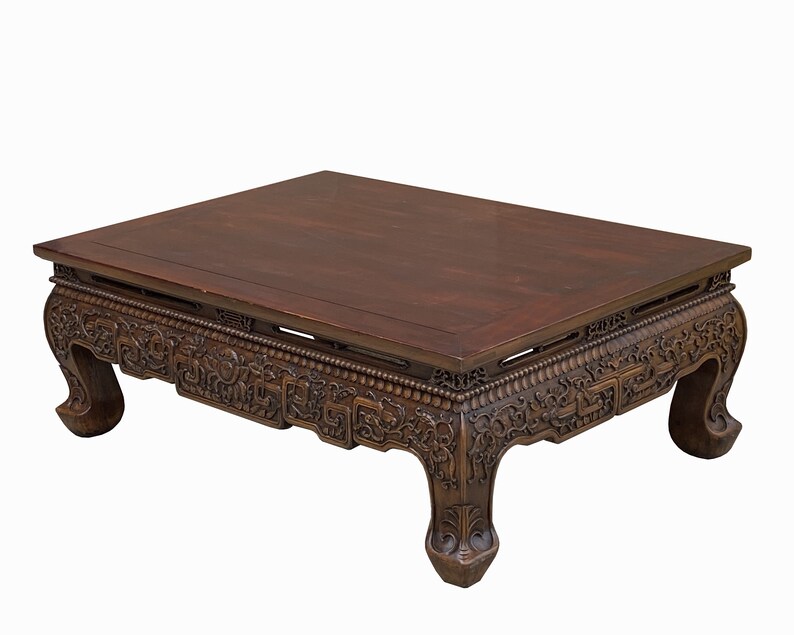 Vintage Rustic Brown Ru Yi Carving Rectangular Wood Kang Coffee Table cs7754E image 5