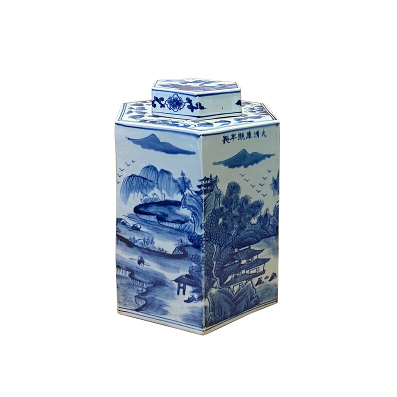 Chinese Blue & White Porcelain Trees Scenery Hexagon Jar Container ws2754E image 2