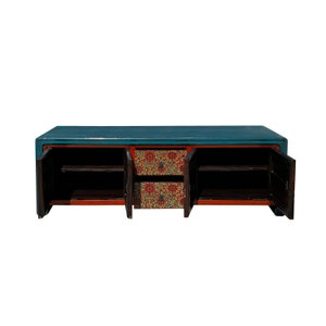 Chinese Tibetan Teal Blue Orange Floral Graphic Low TV Console Table cs7609E image 2