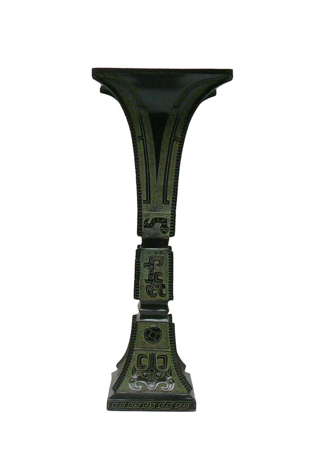Ancient Chinese, Shang Dynasty Inspired, Ceremonial Green Bronze Vessel Square Tall Vase cs1045-2S Ancient Chinese, Shang Dynasty Inspired, Ceremonial Green Bronze Vessel Square Tall Vase cs1045-2S