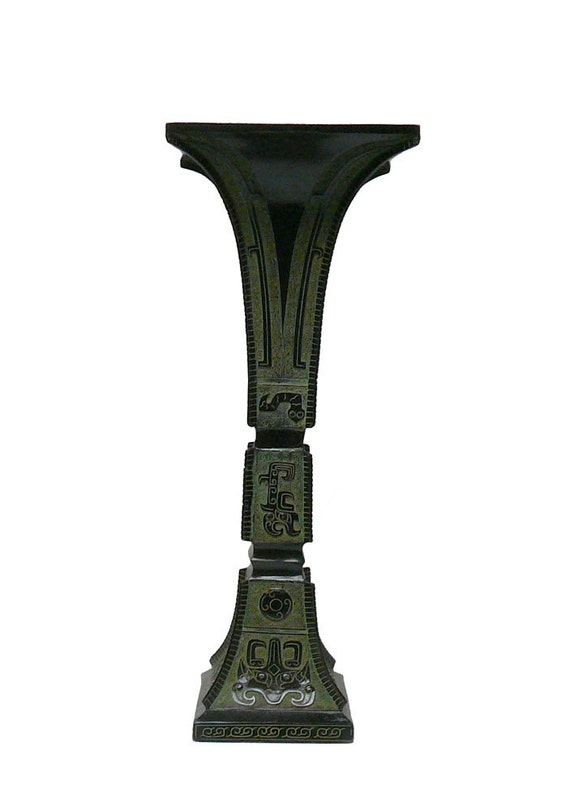 Ancient Chinese, Shang Dynasty Inspired, Ceremonial Green Bronze Vessel Square Tall Vase cs1045-2S Ancient Chinese, Shang Dynasty Inspired, Ceremonial Green Bronze Vessel Square Tall Vase cs1045-2S