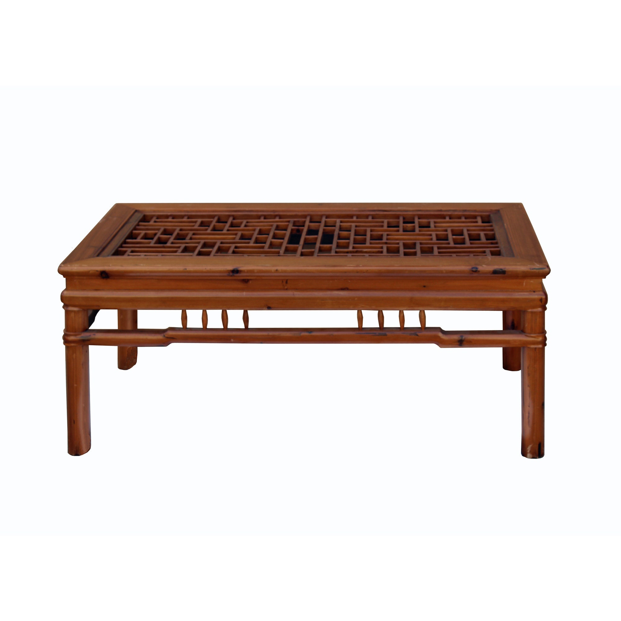 Rectangular Glass Top Coffee Table With Chinese Old Windows Panel
