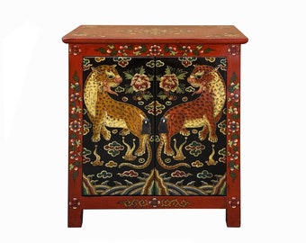 Tibetan Oriental Red Black Jaguars End Table Nightstand cs7747E