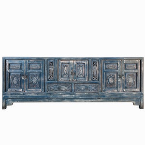 Chinese Distressed Dark Blue Vases Relief Pattern TV Console Table Cabinet cs7738E image 2