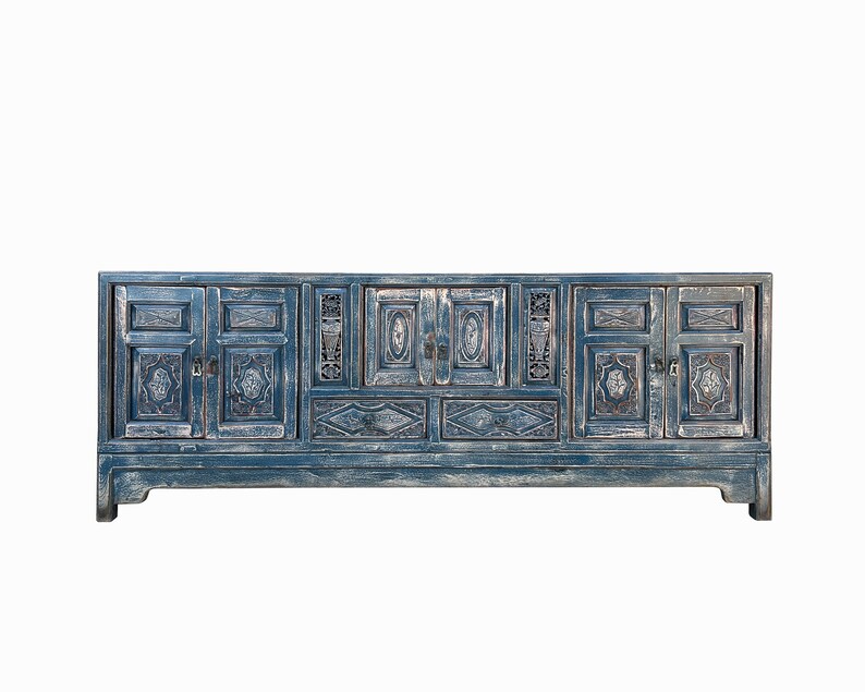 Chinese Distressed Dark Blue Vases Relief Pattern TV Console Table Cabinet cs7738E image 2