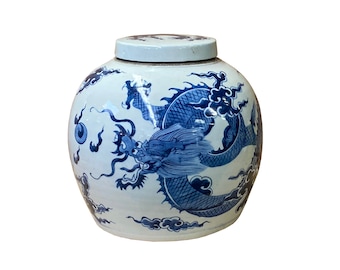 Chinese Blue & White Dragon Graphic Porcelain Ginger Jar ws1238E