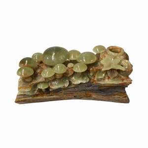 Natural Stone Carved Flower Mushroom on Wood Fengshui Display Figure ws1678E image 1