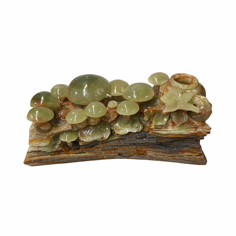 Natural Stone Carved Flower Mushroom on Wood Fengshui Display Figure ws1678E image 1