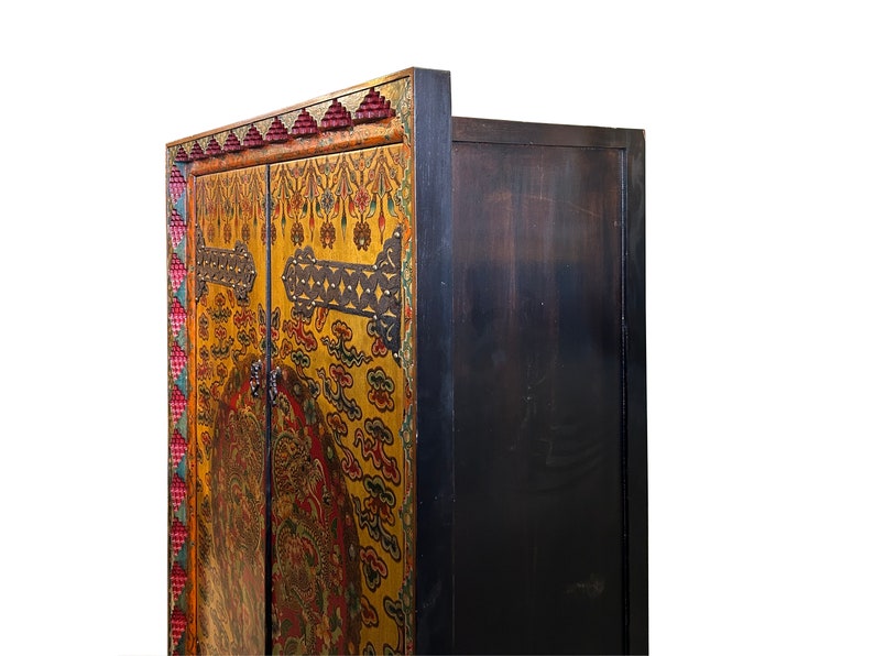 Chinese Tibetan Dragon Flower Yellow Graphic Tall Armoire Wardrobe Cabinet cs7683E image 7