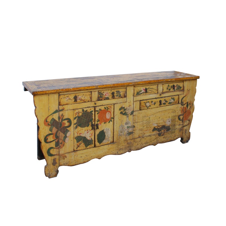 Chinese Distressed Yellow Oriental Flower Graphic TV Console Cabinet cs4539E image 4