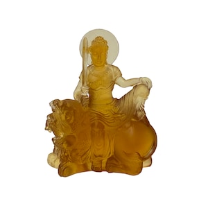 Crystal Glass Liuli Pate-de-Verre Orange Manjusri Bodhisattva Statue ws1315E