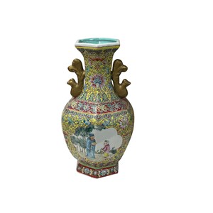 May include: An antique Chinese vase with a hexagonal base and top. The vase has a yellow background with floral patterns, gold handles, and a painted scene of figures. The rim is turquoise.