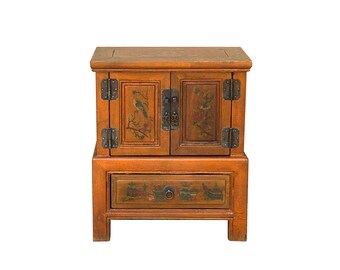 Chinese Distressed Orange Flower Graphic End Table Nightstand ws3592E