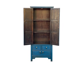 Oriental Dark Teal Blue Narrow Wood Detail Door Drawers Storage