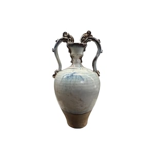 Oriental Handmade Ancient Dragon Handle Off White Glaze Ceramic Vase ws4562E