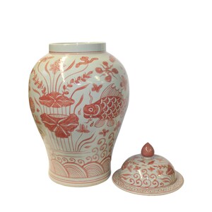 Coral Pink Orange Off White Flowers Fishes Graphic Round Ceramic Jar ws1142E image 4