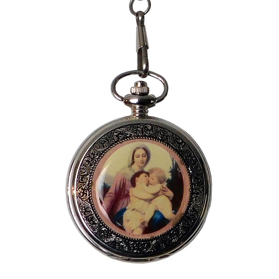 Round Shape Lady & Baby Hugging Painting Chain Pocket Watch n345E