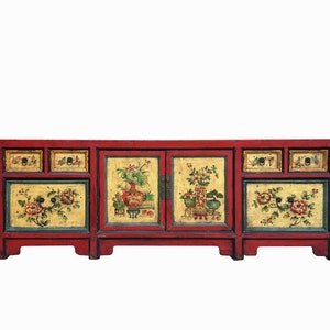 Chinese Distressed Red Cream Flower Graphic TV Console Table Cabinet cs7722E image 1
