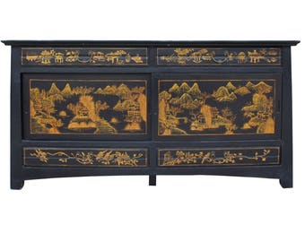 Chinese Fujian Golden Graphic Sideboard High Credenza Console Table TV Cabinet cs3509E